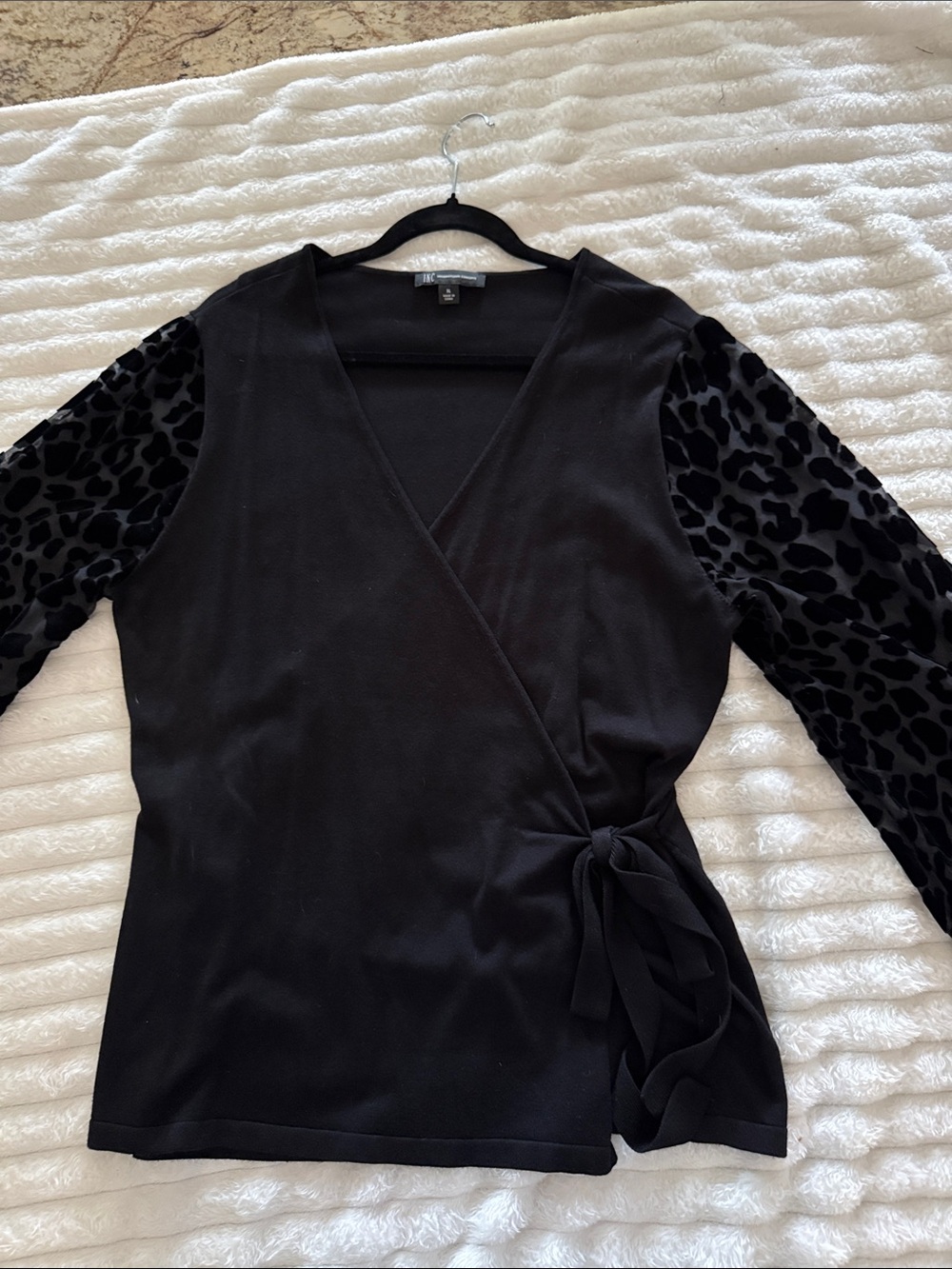 INC International Concepts Black V-Neck Wrap Sweater with Velvet Leopard Sleeves